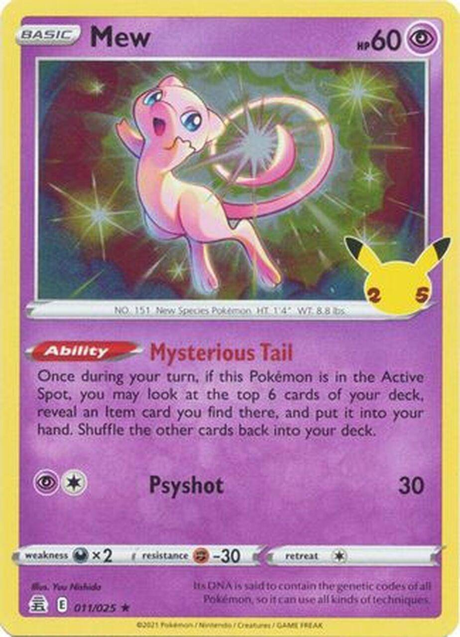 Mew: CELEBRATIONS (Holo) - 011/025 card featuring a pink Mew with a glowing background, showcasing its abilities and stats.