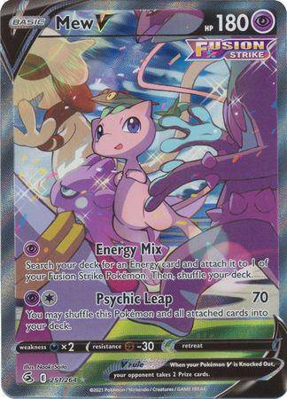 Mew V card from Lockett Labs, HP 180, featuring vibrant artwork and abilities like Energy Mix and Psychic Leap.