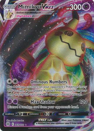 Mimikyu VMAX card from Lockett Labs, featuring vibrant artwork, HP 300, and abilities Ominous Numbers and Max Shadow.