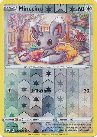 Lockett Labs Minccino card from SWORD & SHIELD BASE, reverse holo, featuring a cute Chinchilla Pokémon with a starry backgrou