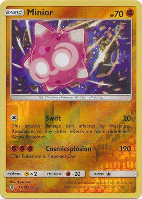 Lockett Labs Minior: GUARDIANS RISING (Reverse holo) card featuring a pink Minior with stats and attacks listed.