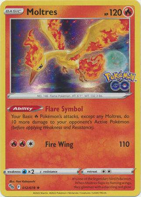 Lockett Labs Moltres Pokémon GO! card (Holo) featuring a fiery Moltres, HP 120, with Flare Symbol ability and Fire Wing attac
