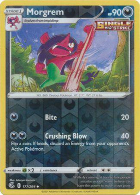 Morgrem: FUSION STRIKE (Reverse holo) card featuring a vibrant illustration of Morgrem with HP 90, attack details, and card n
