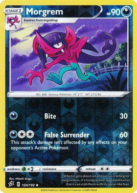 Morgrem: REBEL CLASH (Reverse holo) card featuring a mischievous character with vibrant colors and stats displayed.