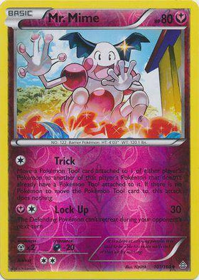Mr. Mime: PRIMAL CLASH (Reverse holo) - 101/160 featuring vibrant artwork, pink and purple colors, and game stats.