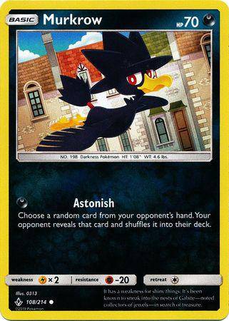 Murkrow card from Lockett Labs, UNBROKEN BONDS set (Reverse holo) featuring a flying bird Pokémon with 70 HP.