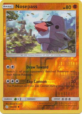 Nosepass card from Lockett Labs, COSMIC ECLIPSE set, reverse holo, featuring a rock-like Pokémon with a scenic background.