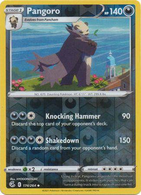 Lockett Labs Pangoro: FUSION STRIKE reverse holo card featuring artwork of Pangoro with attack details and HP stats.