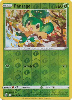 Lockett Labs Pansage: FUSION STRIKE (Reverse holo) card featuring a cheerful green monkey Pokémon surrounded by leaves.