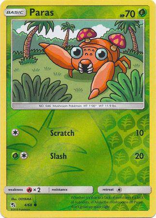 Lockett Labs Paras card from HIDDEN FATES set, featuring a reverse holo design with vibrant colors and a mushroom Pokémon ill