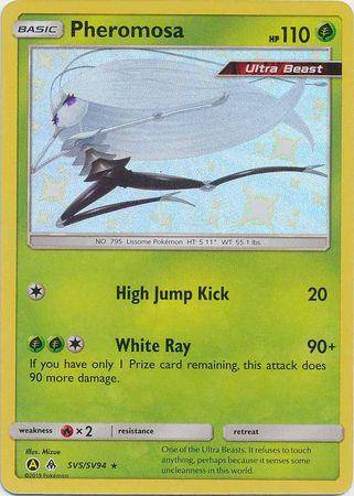 Pheromosa card from Pokémon's Hidden Fates set, featuring HP 110, moves High Jump Kick and White Ray, with vibrant artwork.
