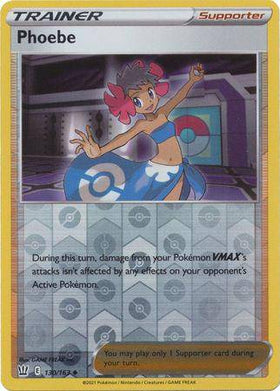 Lockett Labs Phoebe: BATTLE STYLES (Reverse holo) card featuring a trainer with pink hair and a blue outfit, 130/163.