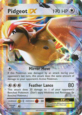 Pidgeot EX card from Lockett Labs featuring a holographic design, 170 HP, and two attacks: Mirror Move and Feather Lance.