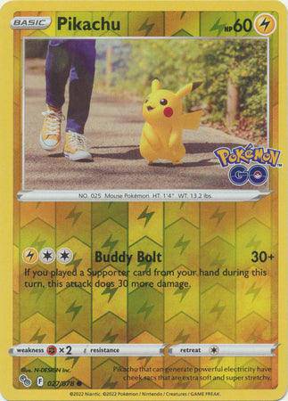 Pikachu Pokémon card from Pokémon GO! featuring reverse holo design, showing Pikachu walking with a trainer.