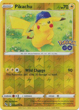 Pikachu Pokémon card from Pokémon GO! featuring reverse holo design, showing Pikachu with a crown and stats.