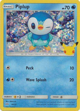 Holo Piplup card from Lockett Labs, 25th Anniversary Promo, featuring a sparkling background and Pikachu icon.