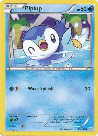 Piplup card from Lockett Labs featuring a penguin Pokémon in water with HP 60 and the move Wave Splash. Card number 36/162.
