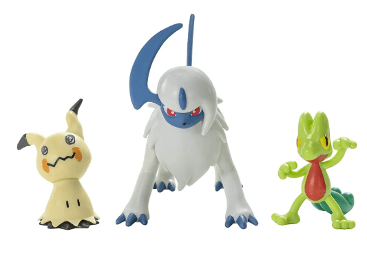 Lockett Labs Pokemon 3-pack Battle Figure set featuring Absol, Treeko, and Mimikyu in vibrant colors.