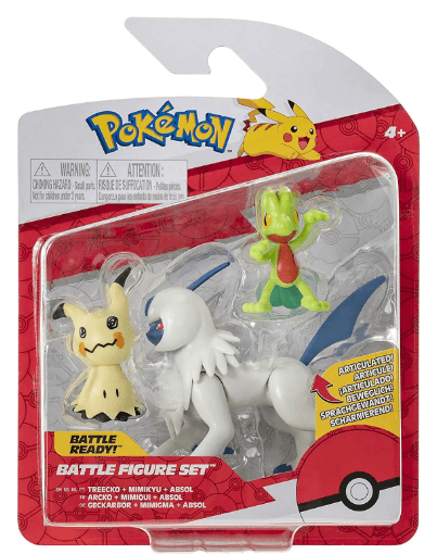 Lockett Labs Pokémon 3-pack Battle Figure Set featuring Absol, Treeko, and Mimikyu in packaging.