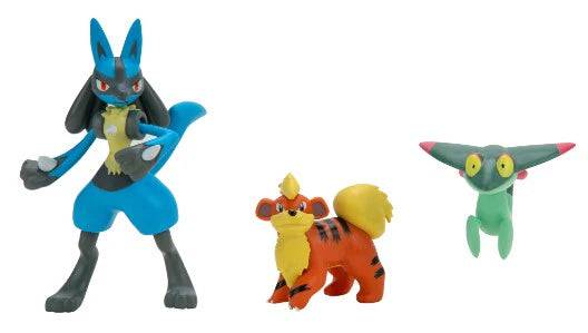 Lockett Labs Pokemon 3-pack Battle Figure featuring Lucario, Dreepy, and Growlithe in vibrant colors.