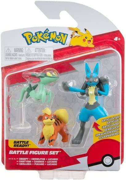 Lockett Labs Pokémon 3-pack Battle Figure set featuring Lucario, Dreepy, and Growlithe in a blister pack. Suitable for ages 4