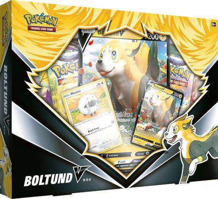 Lockett Labs Pokemon Boltund V Collection Box featuring Boltund figure, cards, and booster packs in a colorful display.