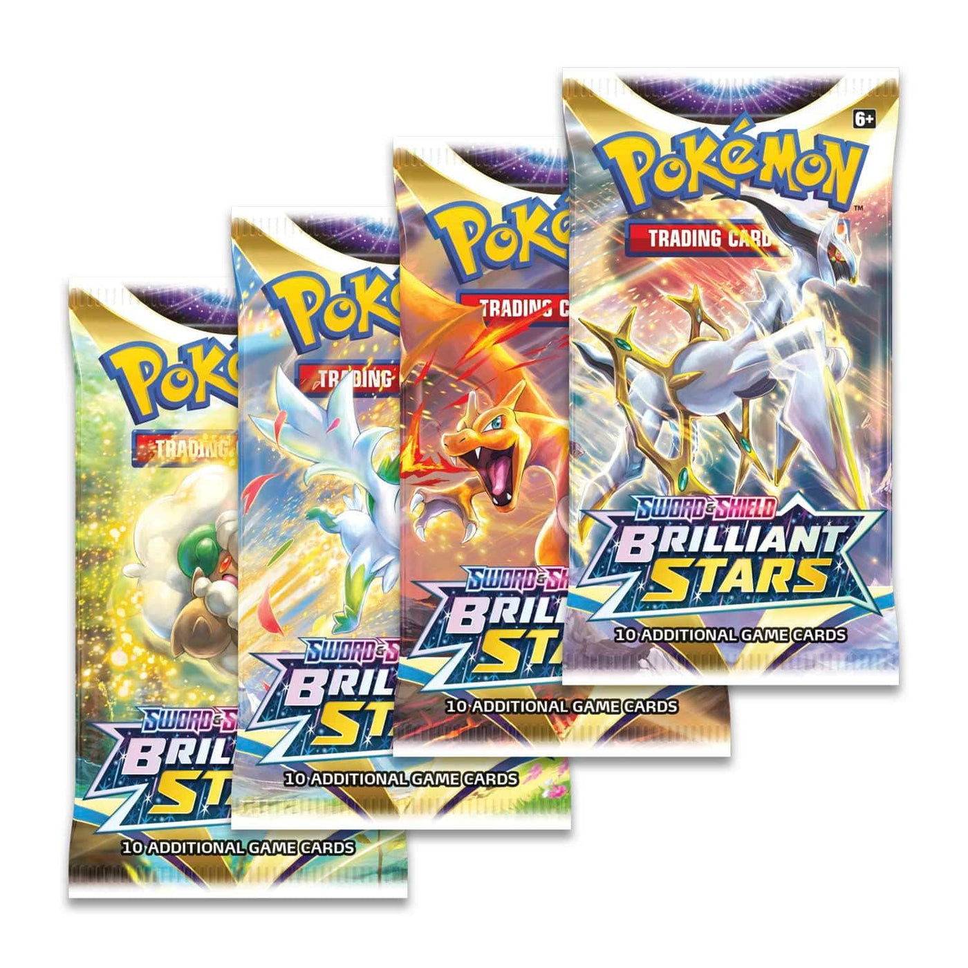 Lockett Labs Pokemon Brilliant Stars Booster Pack featuring four colorful packs, each with unique artwork and branding.