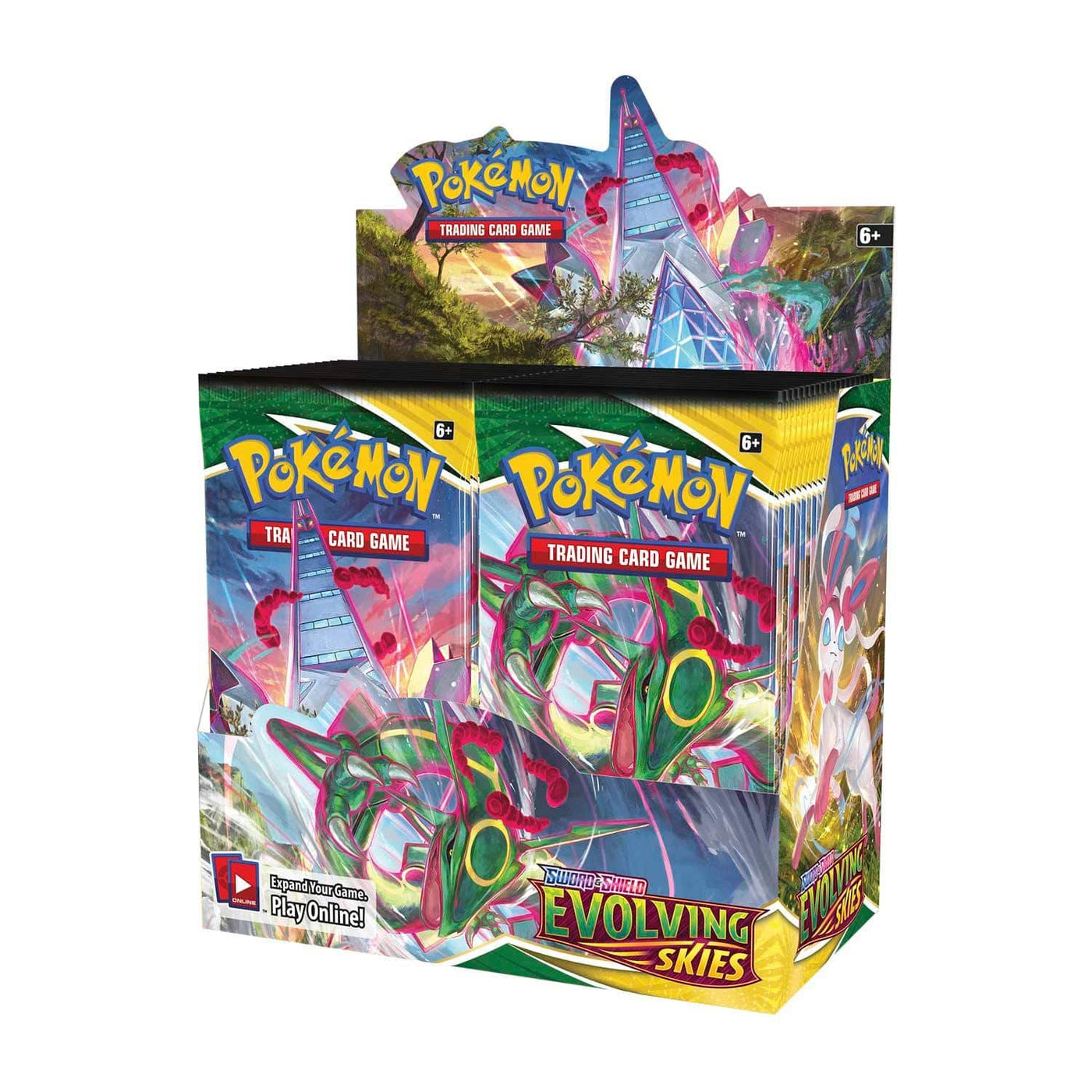 Lockett Labs Pokémon Evolving Skies Booster Box featuring multiple booster packs and vibrant artwork. Suitable for ages 6+.