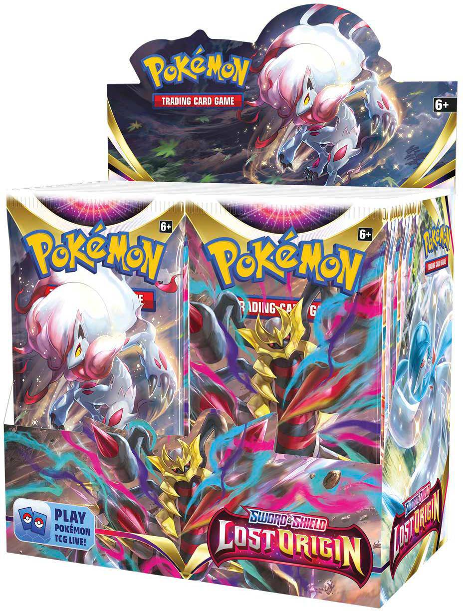 Lockett Labs Pokémon: Lost Origin Booster Box featuring vibrant artwork and multiple booster packs for the trading card game.