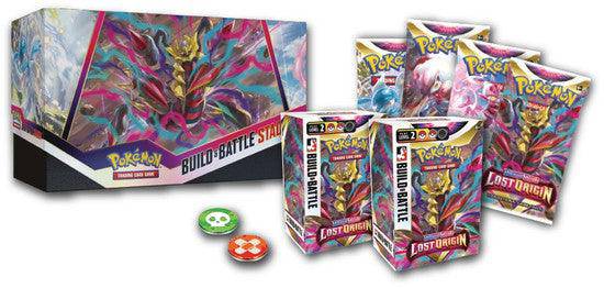 Lockett Labs Pokémon: Lost Origin Build and Battle Stadium box with booster packs and game tokens displayed.