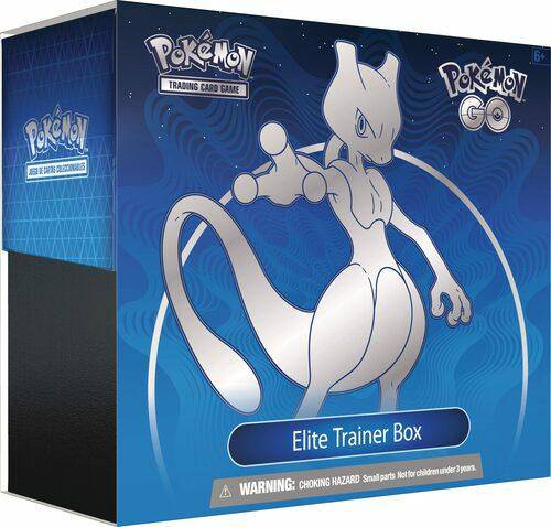 Lockett Labs Pokemon Go Elite Trainer Box featuring Mewtwo design on a blue background. Includes warning for small parts.