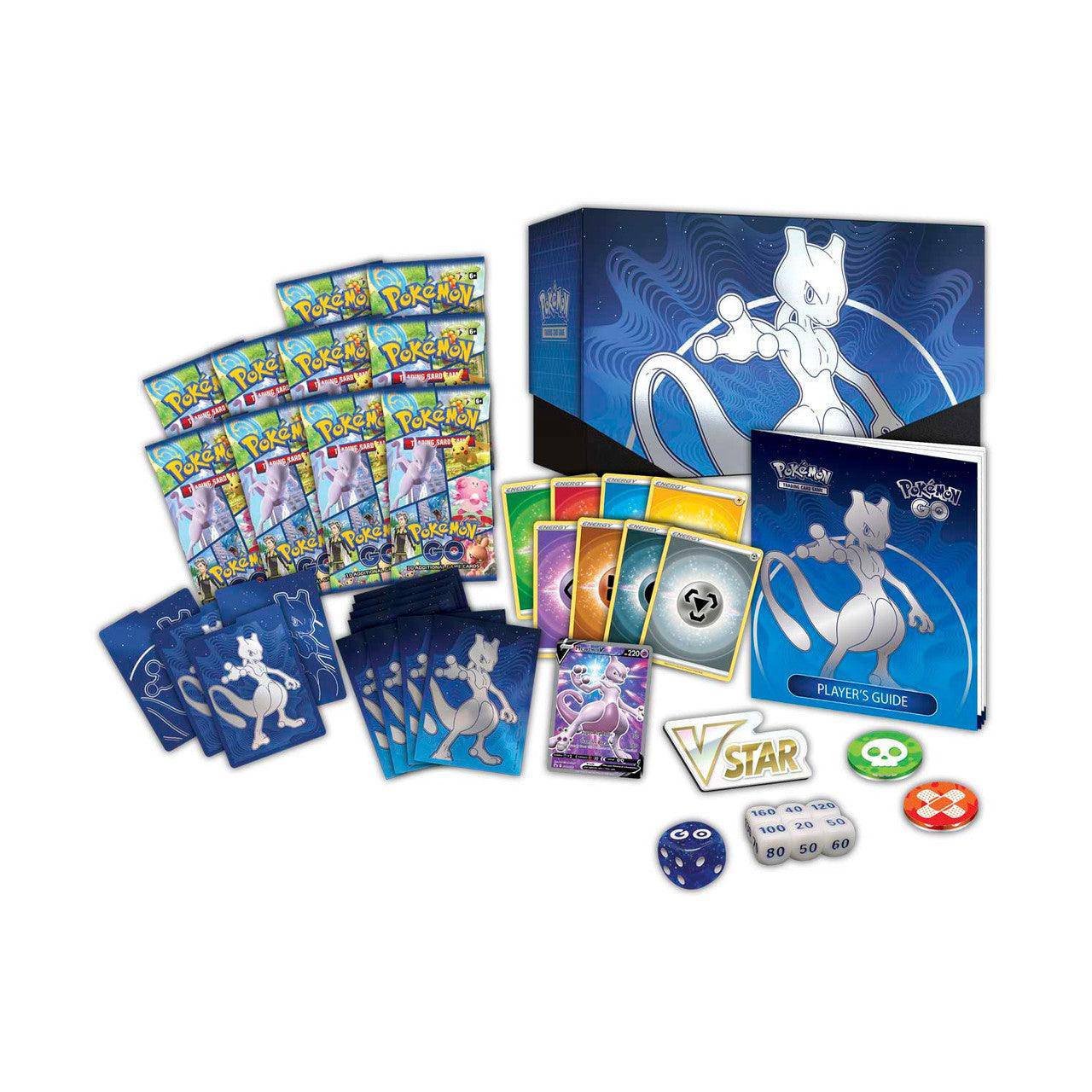 Lockett Labs Pokemon Go Elite Trainer Box with booster packs, cards, player's guide, and game accessories.