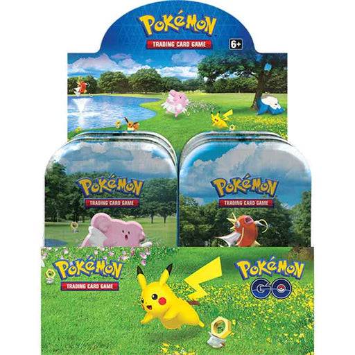 Sealed display of 10 mini tins featuring Pokémon GO! designs, showcasing various Pokémon in a vibrant outdoor scene.