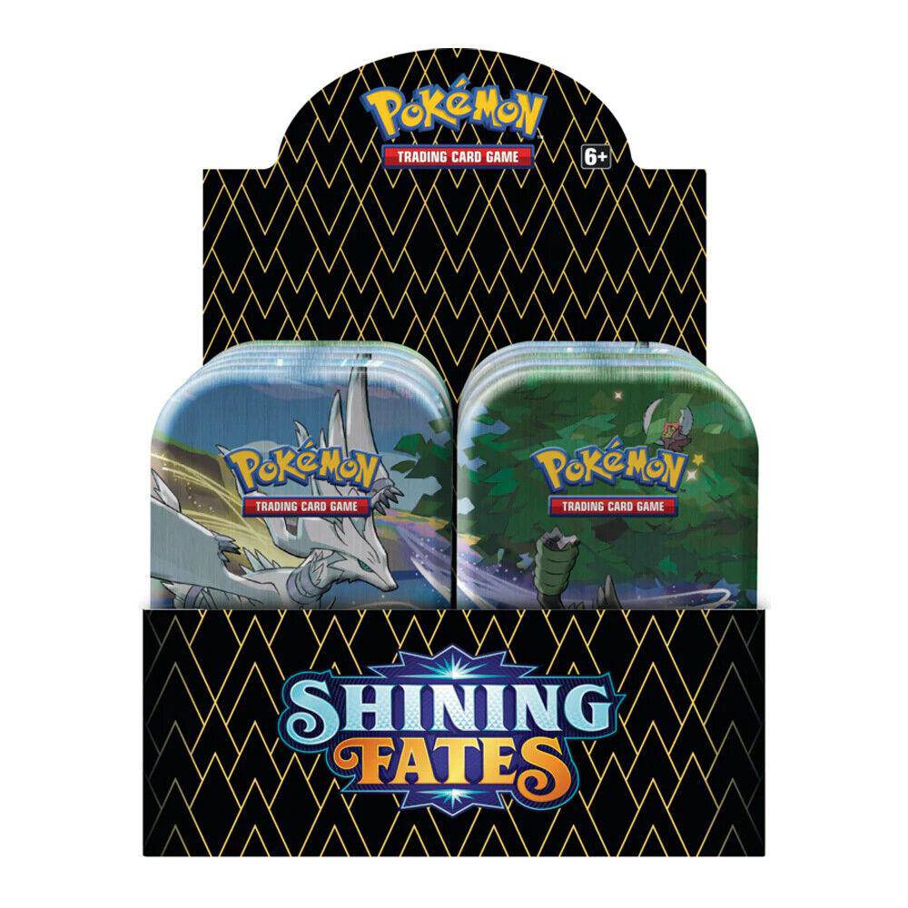 Sealed display of 10 Pokemon Shining Fates Mini Tins featuring colorful designs and branding. Ideal for collectors and fans.