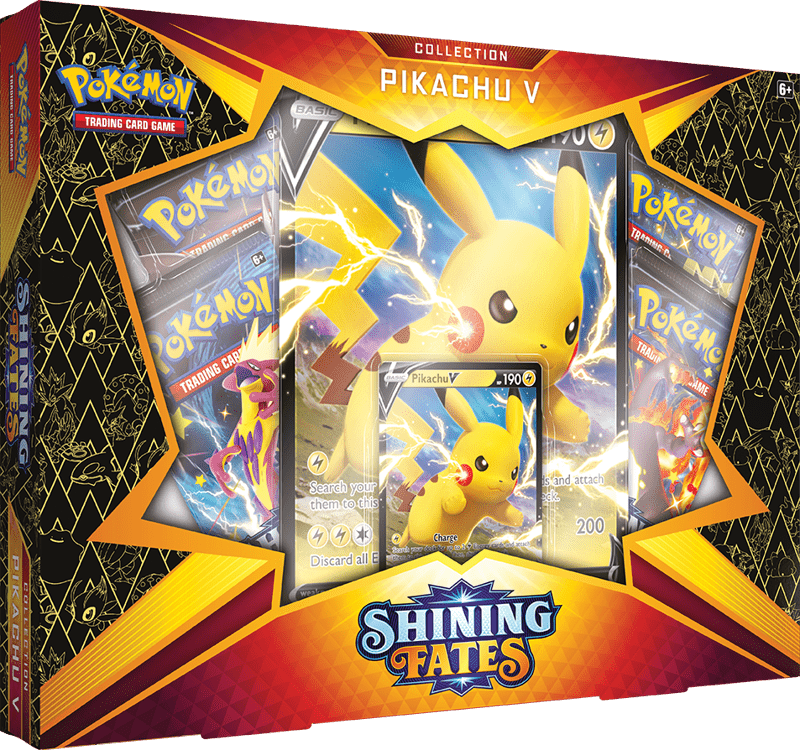 Lockett Labs Pokemon Shining Fates Pikachu V Collection Box featuring Pikachu V card and booster packs.