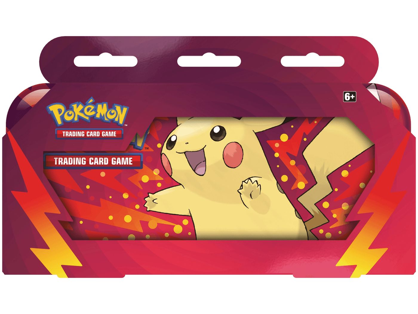 Lockett Labs Pokémon TCG Back To School Pencil Tin featuring Pikachu on a vibrant red background with lightning motifs.
