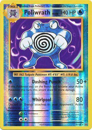 Lockett Labs Poliwrath: EVOLUTIONS (Reverse holo) card featuring Poliwrath with 140 HP and attack details. Card number 25/108
