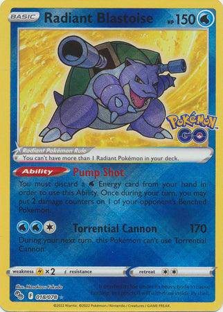 Radiant Blastoise Pokémon card featuring blue background, HP 150, abilities Pump Shot and Torrential Cannon, card number 018/