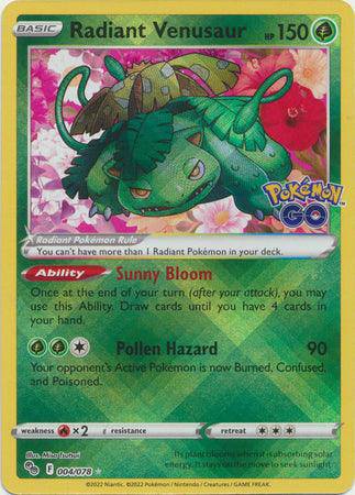 Radiant Venusaur card from Pokémon GO, featuring vibrant artwork, HP 150, and abilities Sunny Bloom and Pollen Hazard.