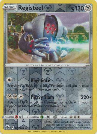 Lockett Labs Registeel card from ASTRAL RADIANCE, reverse holo, featuring metallic design and stats, 108/189.