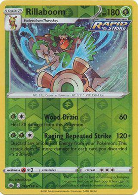Lockett Labs Rillaboom card from Chilling Reign, reverse holo, featuring vibrant artwork and stats, 018/198.