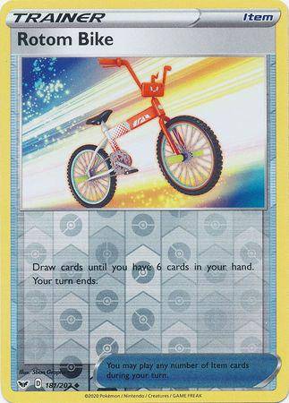 Lockett Labs Rotom Bike card from Pokémon Sword & Shield, featuring a red bike with a colorful background and game text.