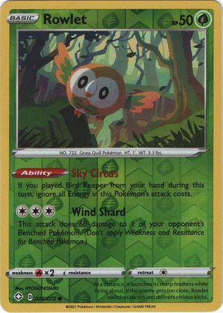 Rowlet : SHINING FATES (Reverse holo) - 006/072