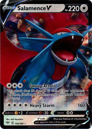 Salamence V card from Lockett Labs, featuring vibrant artwork, HP 220, and attack details. Set: DARKNESS ABLAZE - 143/189.