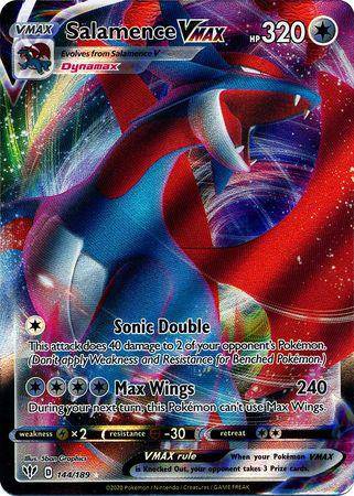Salamence VMAX card from Lockett Labs, featuring vibrant artwork, HP 320, and attack details for Sonic Double and Max Wings.