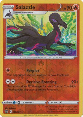 Salazzle: BATTLE STYLES (Reverse holo) card featuring a colorful illustration of Salazzle with attack details and stats.