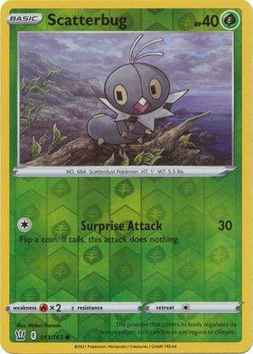 Lockett Labs Scatterbug: BATTLE STYLES (Reverse holo) card featuring a cartoon bug on a green background. HP 40, attack detai