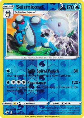 Seismitoad: REBEL CLASH (Reverse holo) card featuring a blue Pokémon with water-themed artwork and stats.