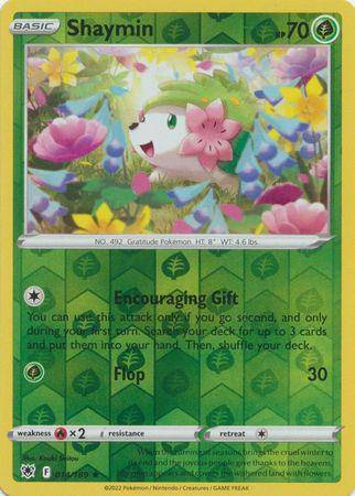 Shaymin: ASTRAL RADIANCE (Reverse holo) card featuring a green background with flowers, showcasing Shaymin's abilities and st