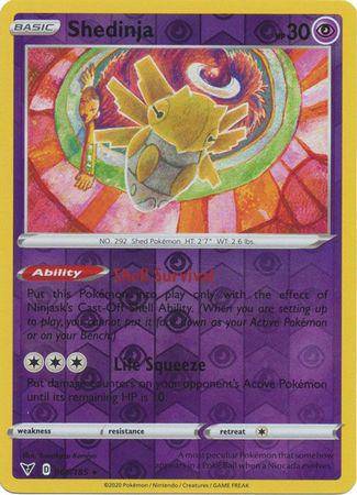 Shedinja card from Lockett Labs' Vivid Voltage set, reverse holo, featuring a purple background and Pokémon details.